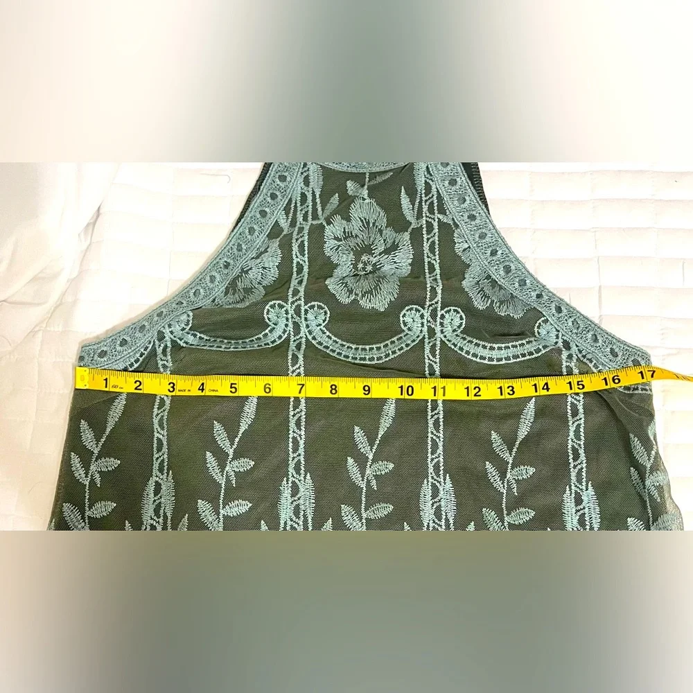 Cloud Ten Green and Slate Blue Lace Halter Dress with Scalloped Detail Size S